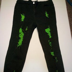 Black and Green Ripped Distressed Skinny Jeans Size XL Frayed Hem High Stretch